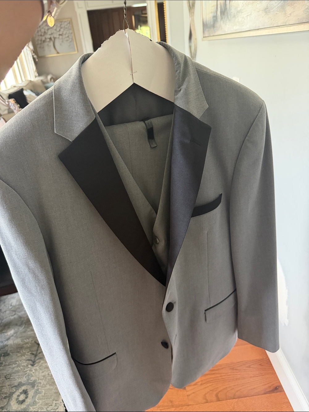Classic Men's Light Gray Tuxedo Jacket with Black Satin Lapel (custom)
